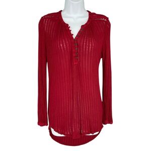 Lucky Brand Red Ribbed Lace Detail Long Sleeve Henley Top‎ Women's Sz S